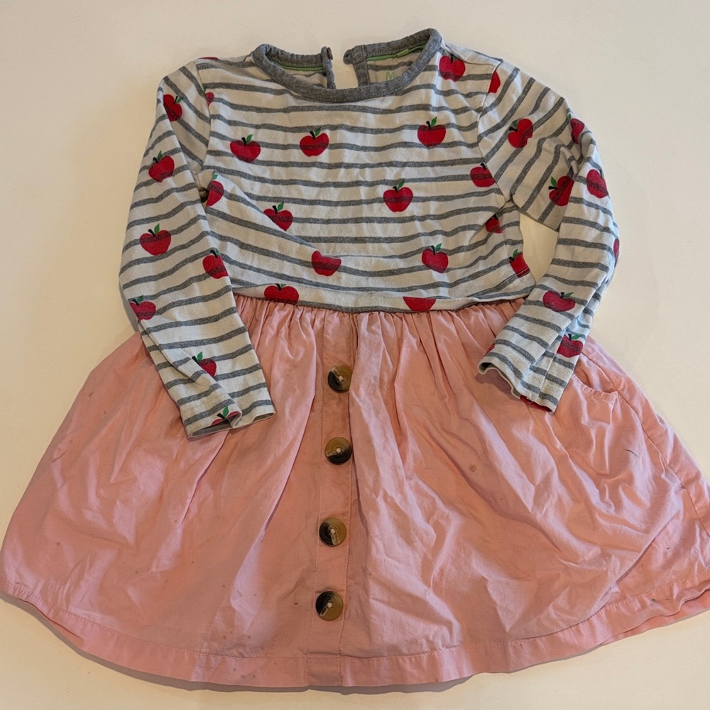 Mini Boden Striped Dress with Pink Skirt and Red Apple Design